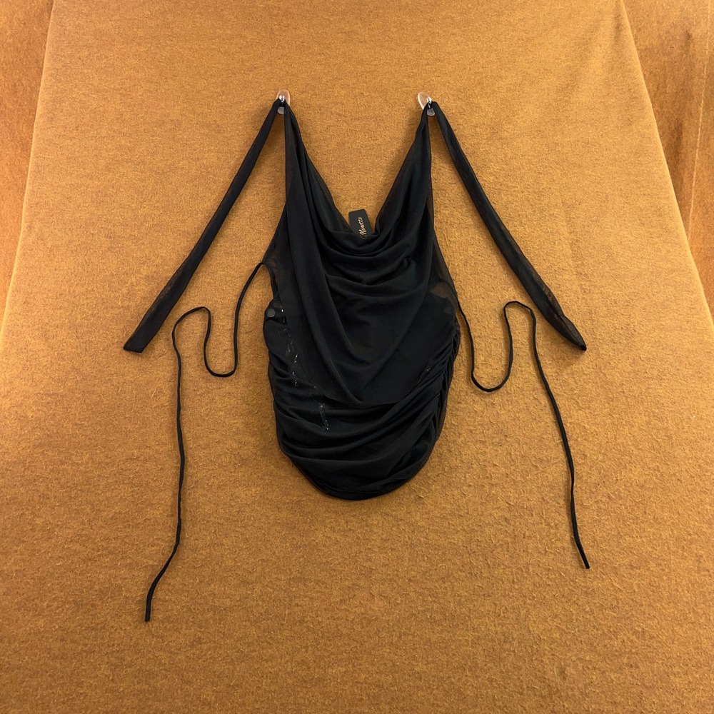 Minette Womens Medium Black Sheer Ruched Cowl Neck Halter Top NWT